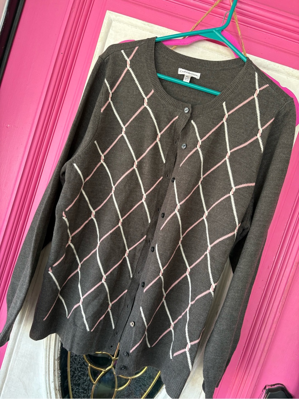 Classic Women's Brown Cardigan Sweater with Pink & Cream Argyle